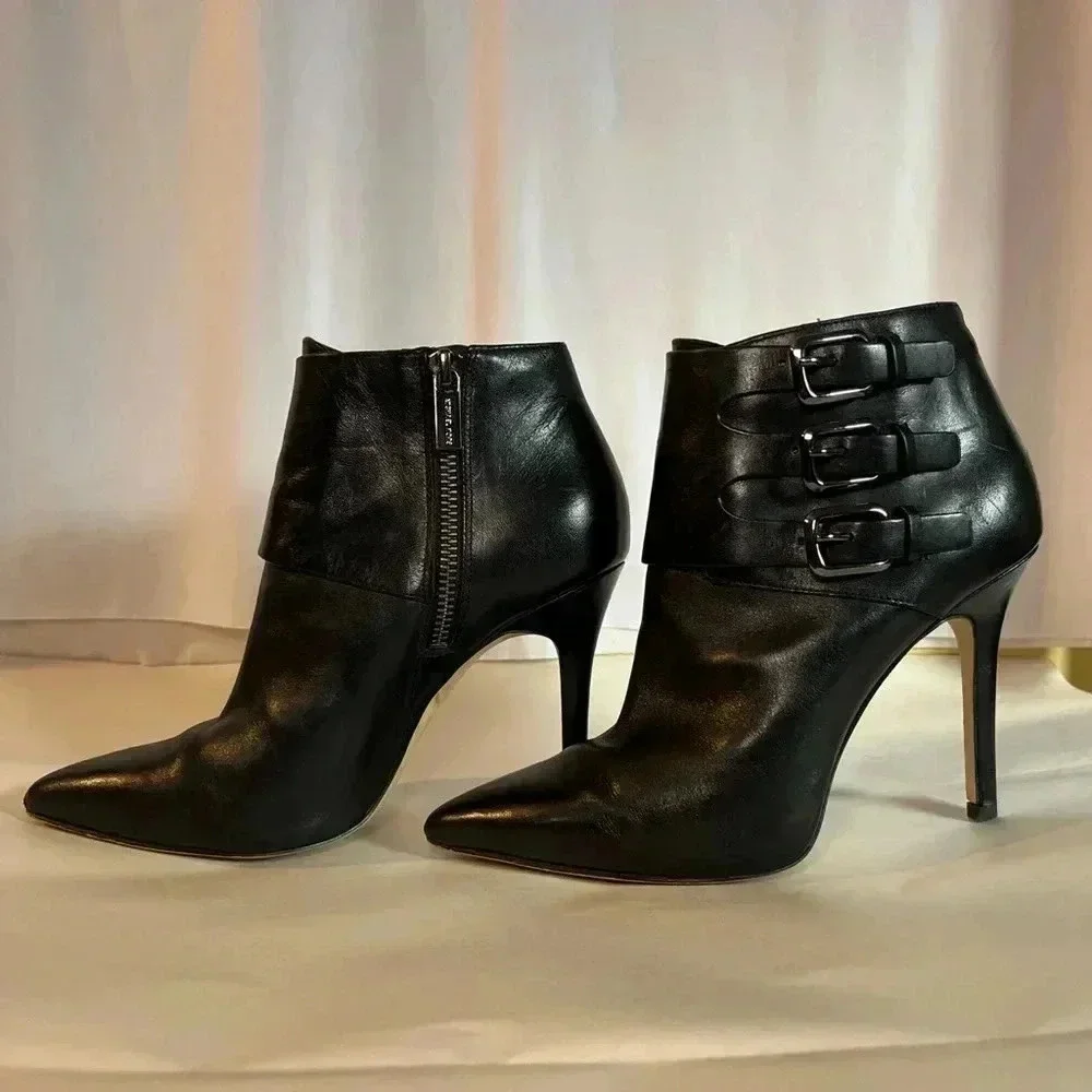 EUC MICHAEL KORS ANKLE BOOT BLK SZ 6M LEATHER 3 BUCKLE ZIPPER 3 IN STILETTO